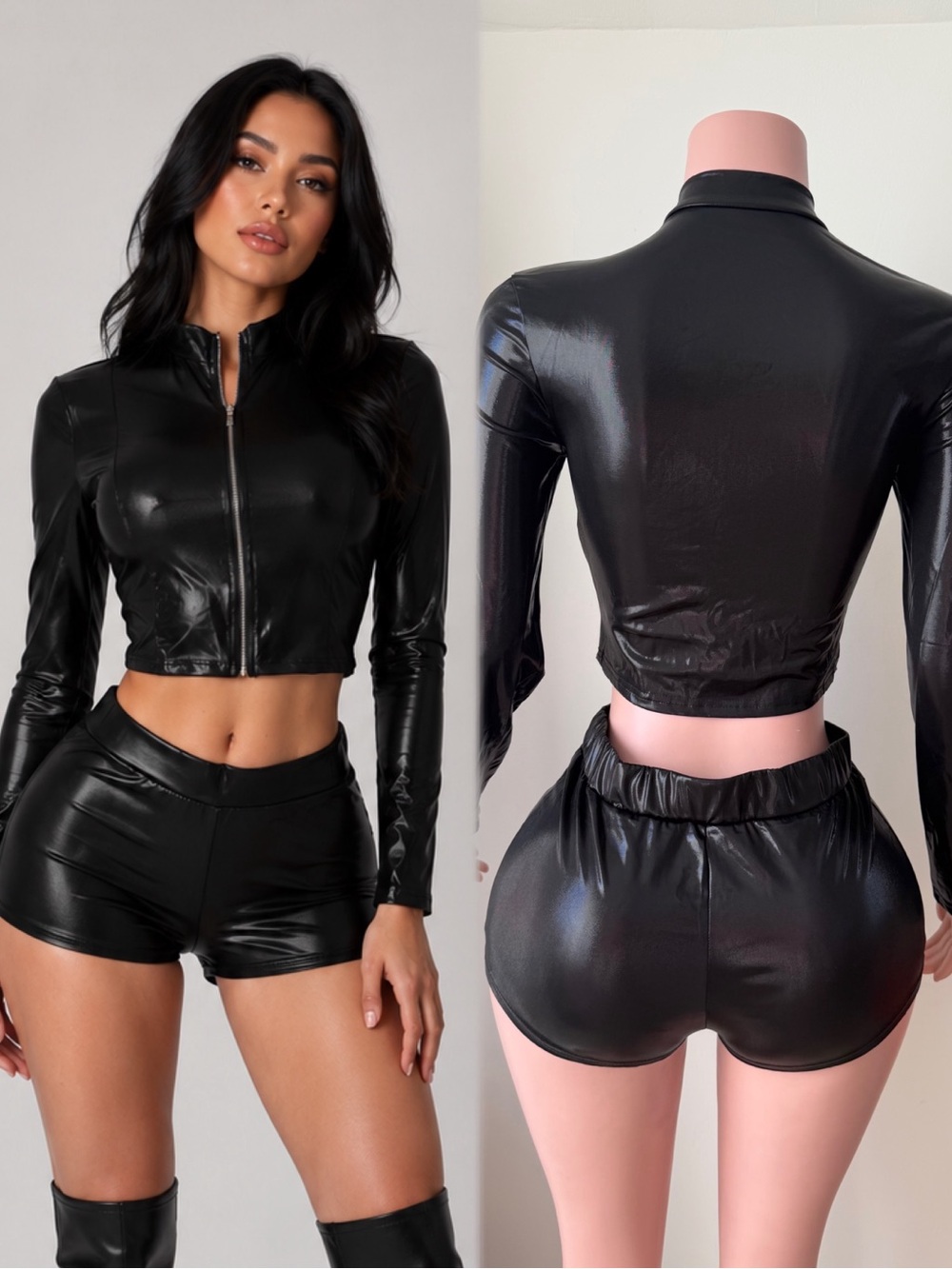 Shiny Black Faux Leather Crop Top & Shorts Set